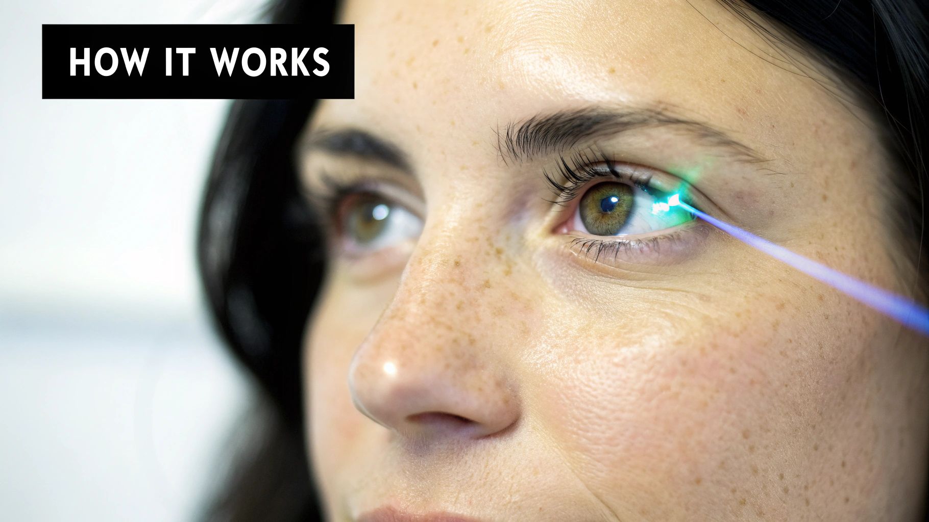 Close-up of a person's eye receiving laser treatment, with a bright blue and green light beam.
