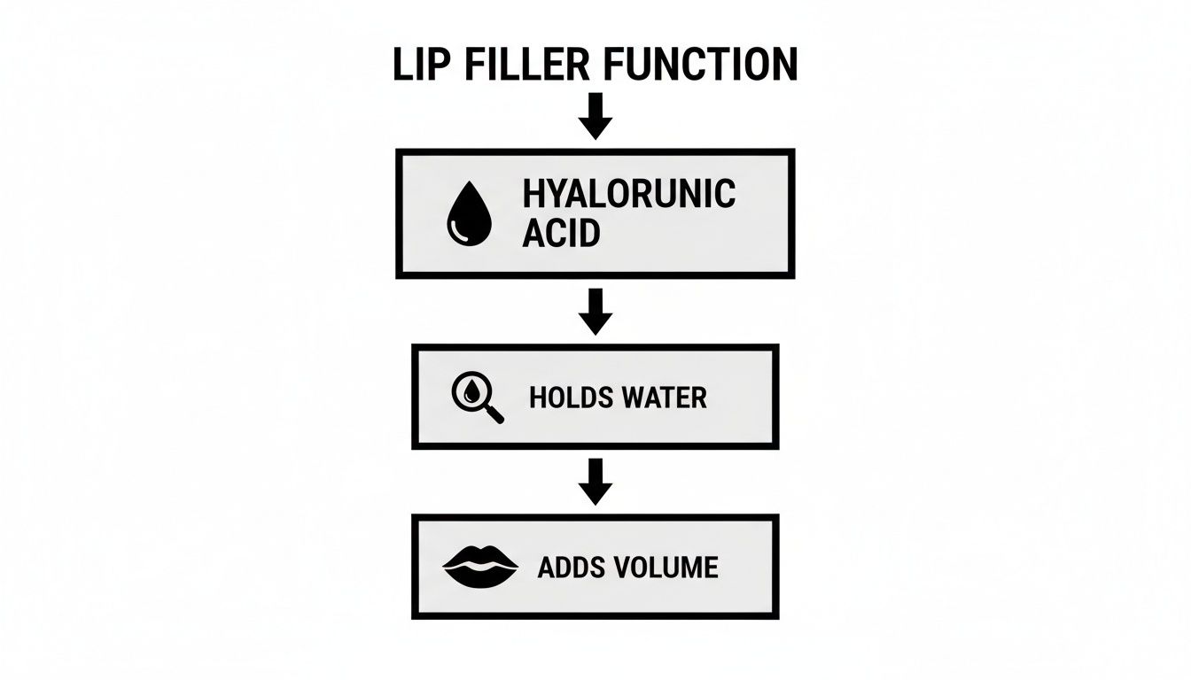 Flowchart illustrating lip filler function: Hyaluronic Acid holds water to add volume to lips.