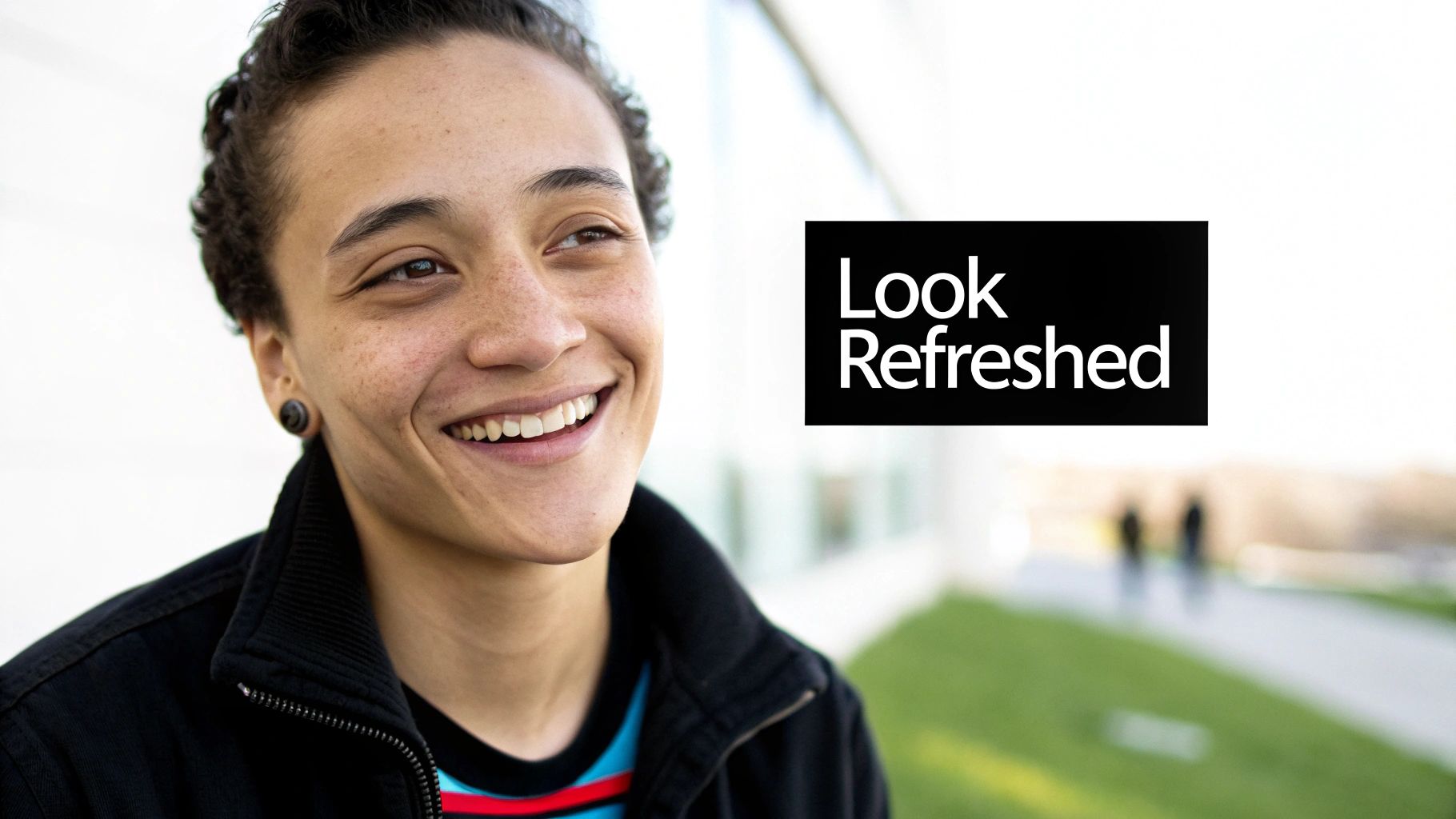 A smiling young person with freckles, wearing a jacket, with text 'Look Refreshed'.