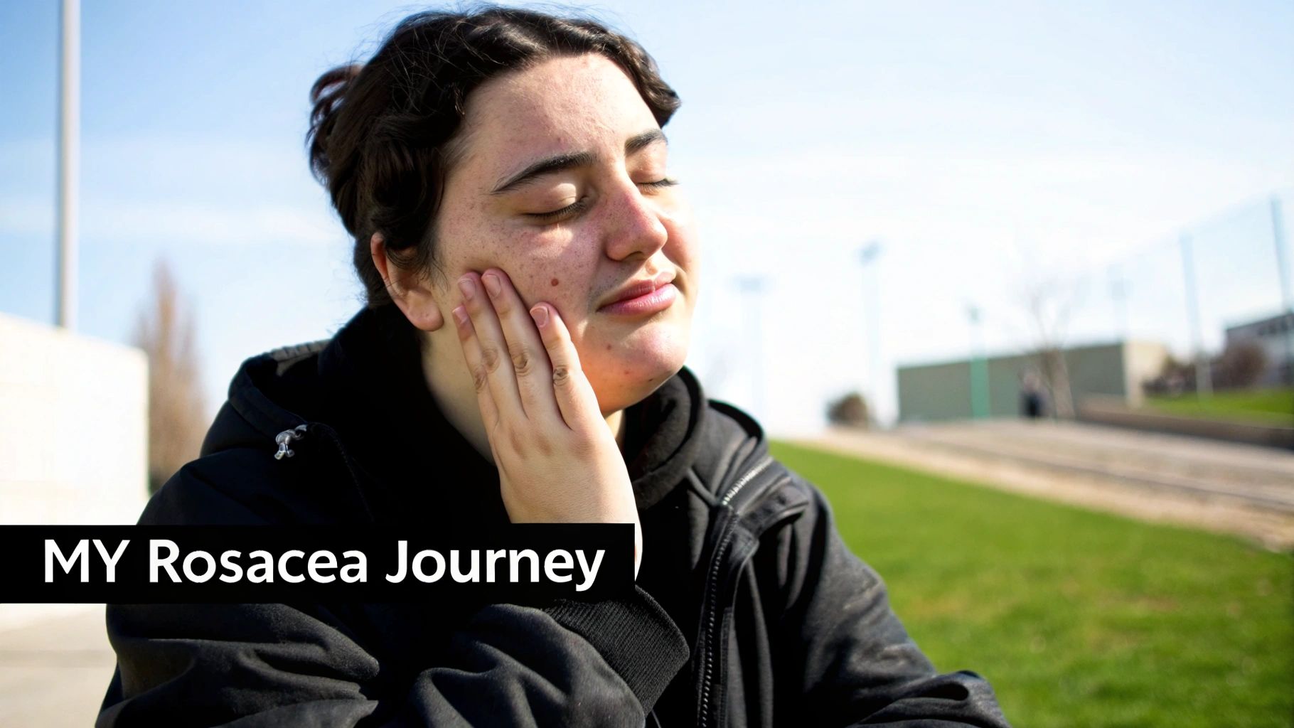 A person with their eyes closed, gently touching their cheek, with text 'MY Rosacea Journey'.