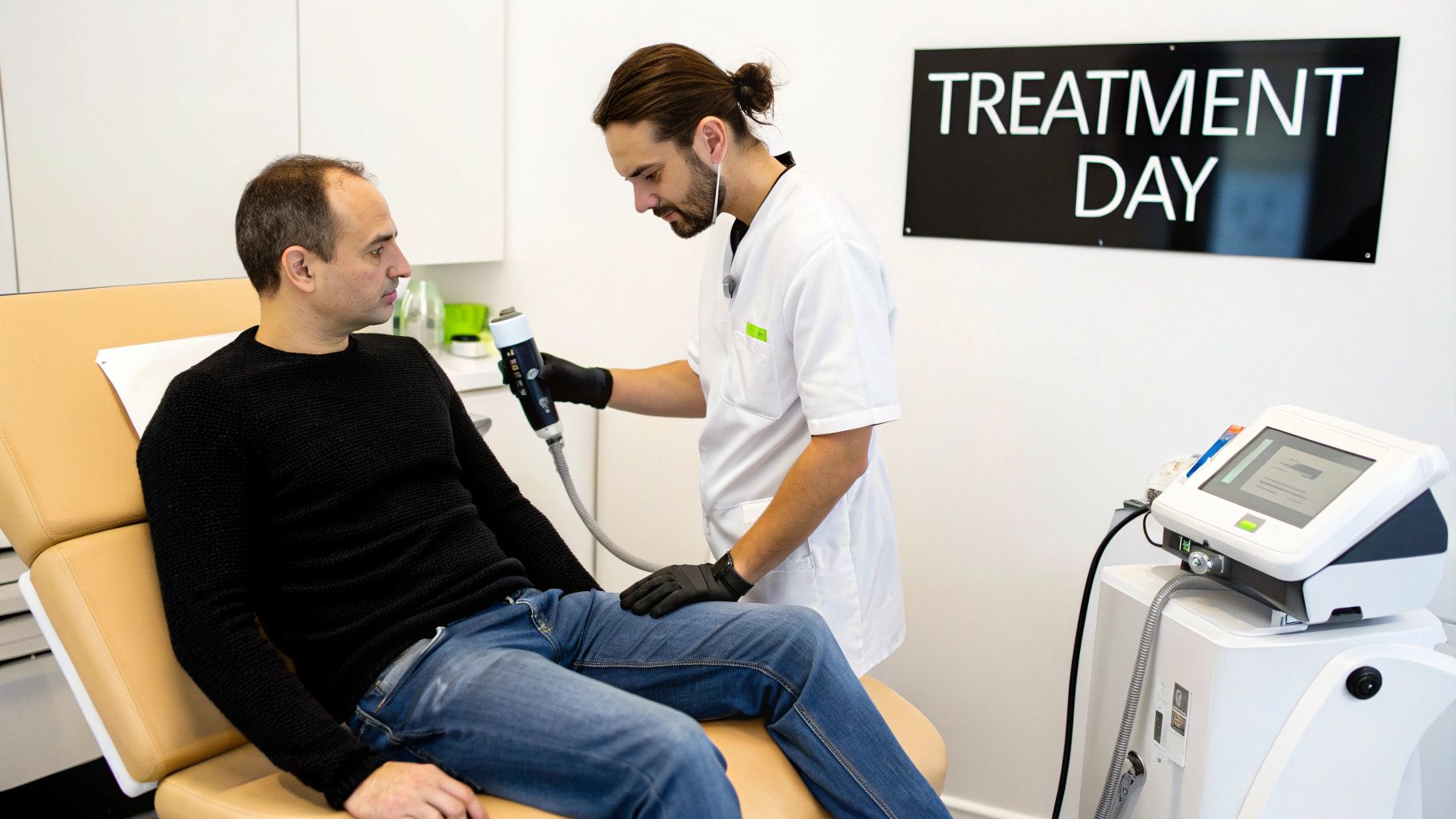 A medical professional in uniform administers laser treatment to a male patient in a clinic.