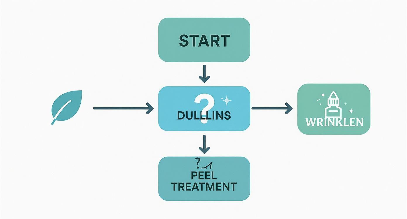 Flowchart showing facial peel treatment process starting with dullins leading to wrinklen and peel treatment options
