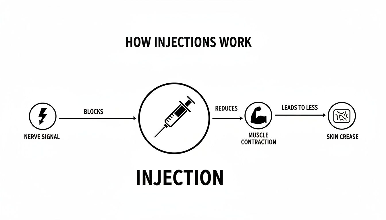 Diagram illustrating how injections block nerve signals, reducing muscle contraction and skin creases.