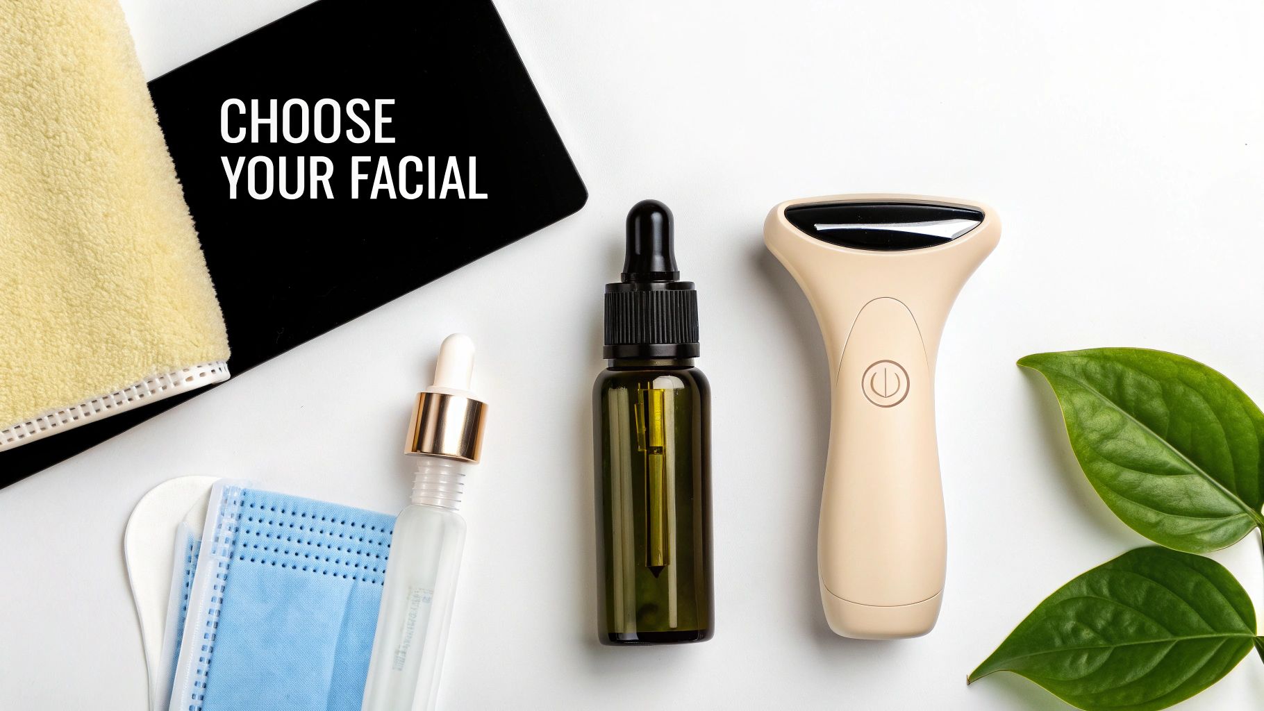 Facial skincare flat lay: towel, serum, massager, masks, and green leaves on white, with 'CHOOSE YOUR FACIAL' text.