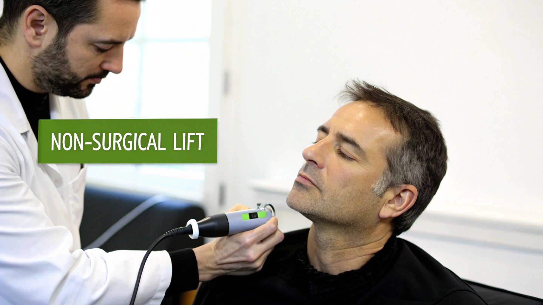 A practitioner performs a non-surgical facial lift on a male patient using a handheld device.
