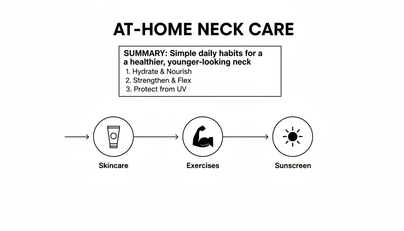 A visual guide illustrating at-home neck care steps: skincare, exercises, and sunscreen for a healthier neck.