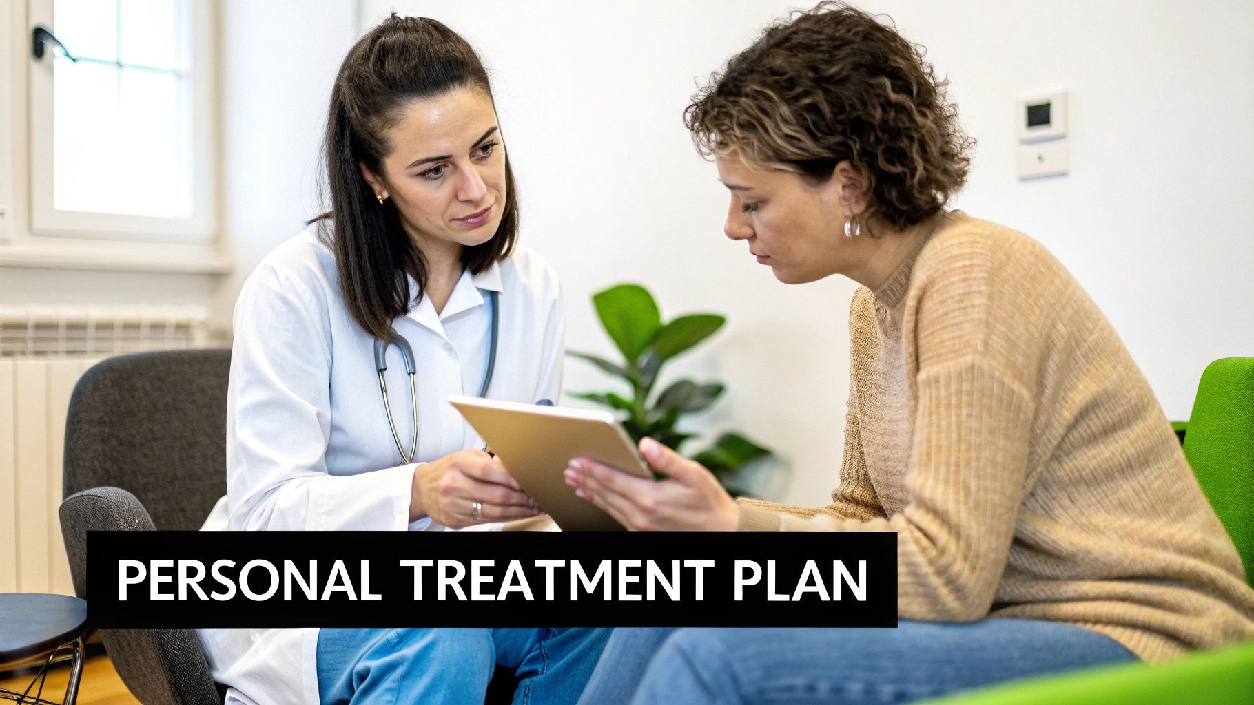 A female doctor in a white coat shows a personal treatment plan on a tablet to a female patient.