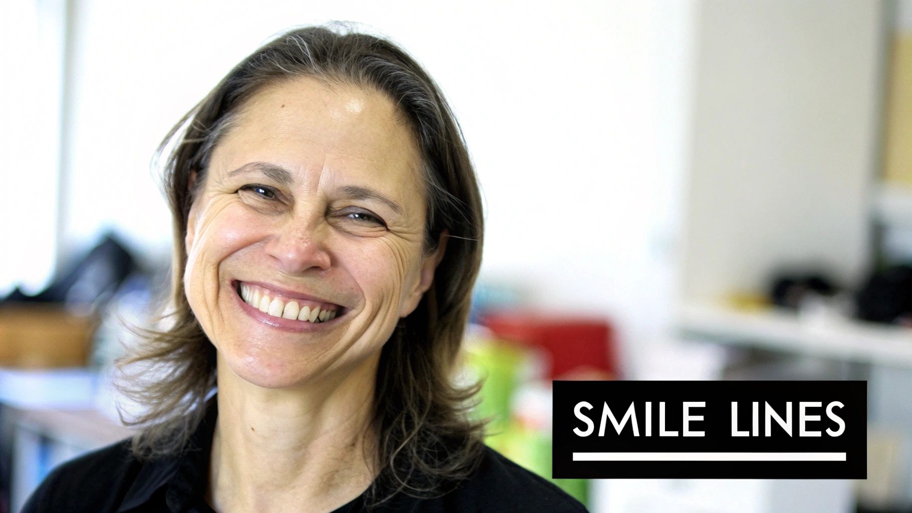 A close-up of a woman&#39;s face, showing the area where nasolabial folds, or smile lines, form.