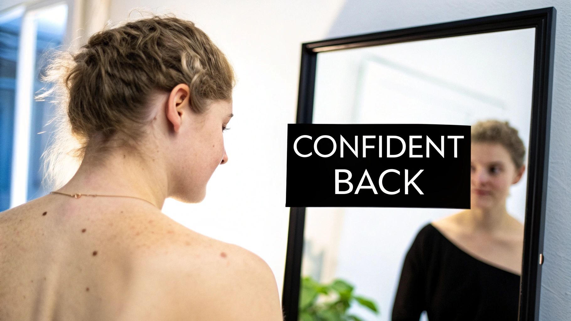 A woman with a clear, smooth back, looking confidently over her shoulder.