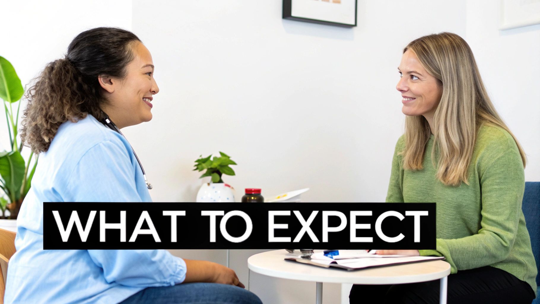 A healthcare professional and a patient smile during a friendly consultation in a bright clinic.