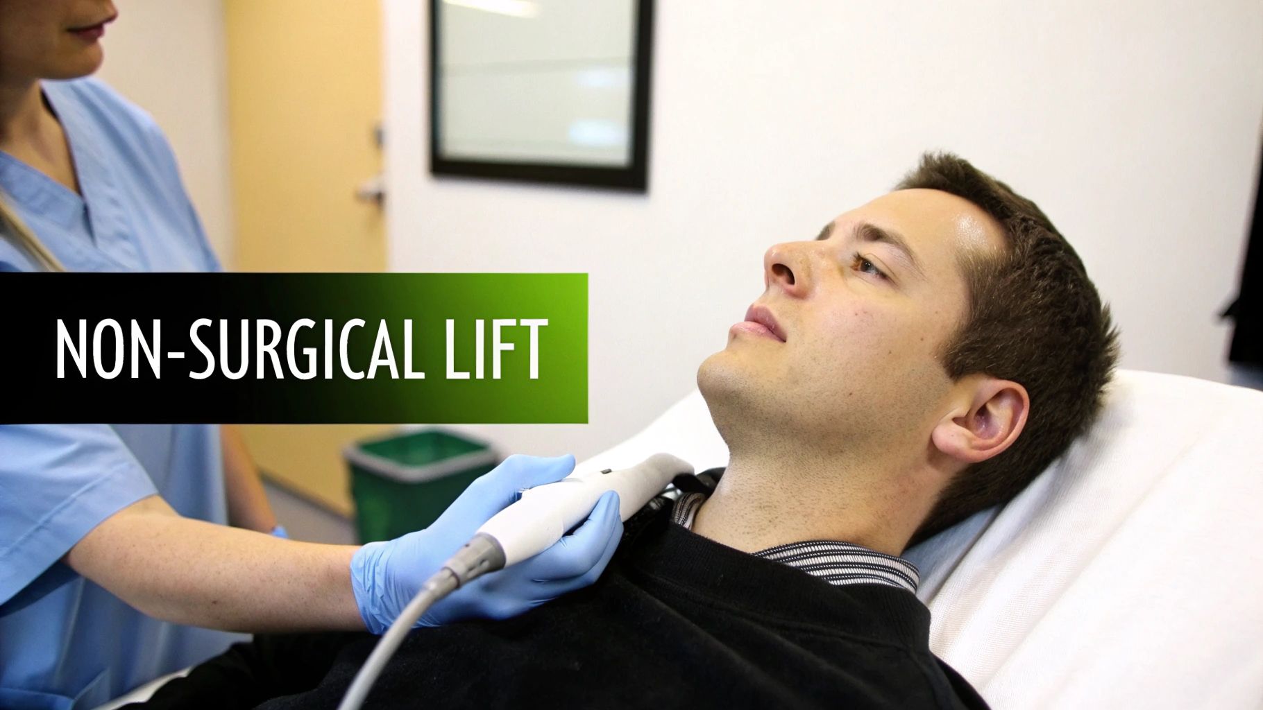 A medical professional performs a non-surgical lift procedure on a male patient's neck with a device.