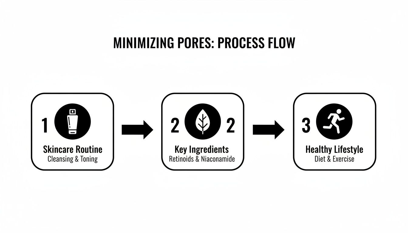 Process flow illustrating three steps to minimize pores: skincare, key ingredients, and healthy lifestyle.