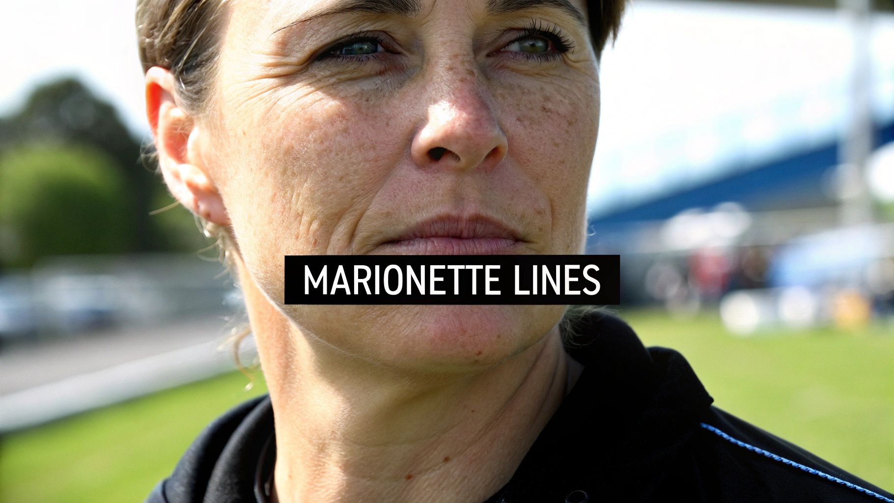 Close-up of a woman's lower face and chin, highlighting visible marionette lines.