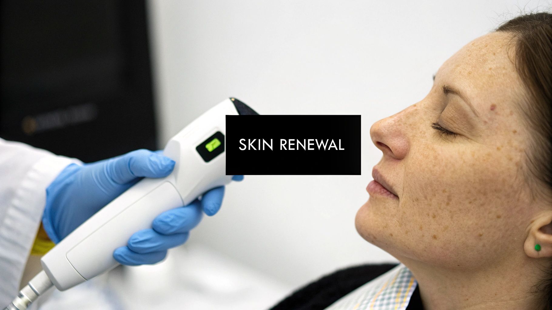 A person with freckles receiving a skin renewal treatment on their face with a handheld device.