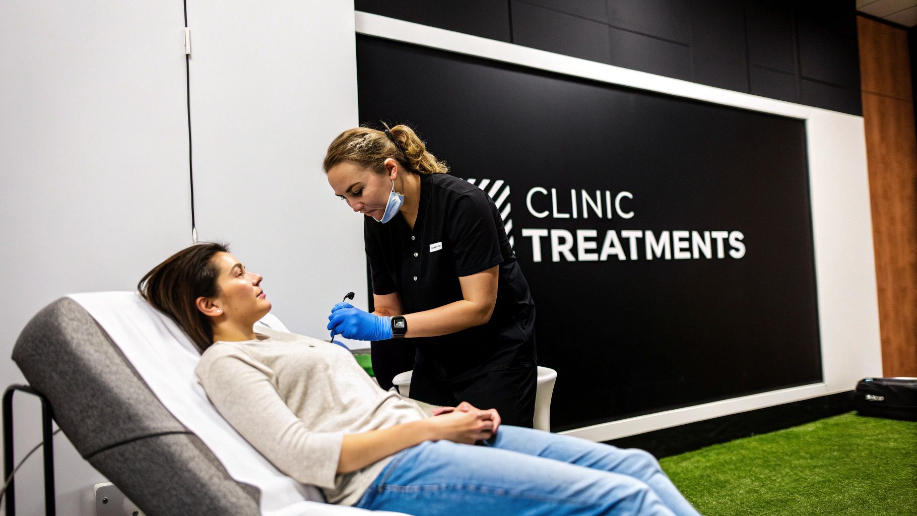 Medical professional performs a facial treatment on a patient lying on a bed in a modern clinic.