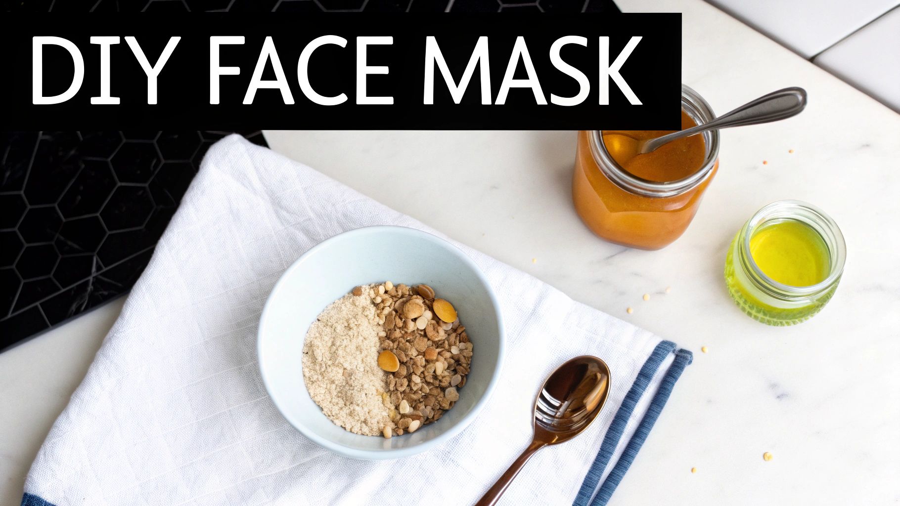 A bowl of dry ingredients, honey, and oil for a DIY face mask.