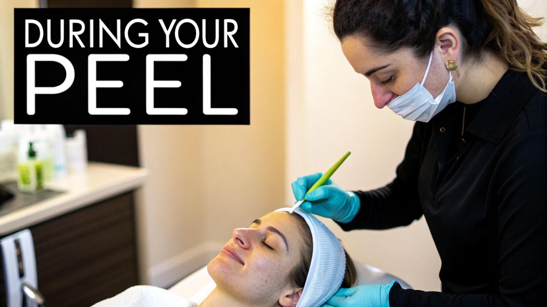 A skincare professional applying a treatment to a client's face
