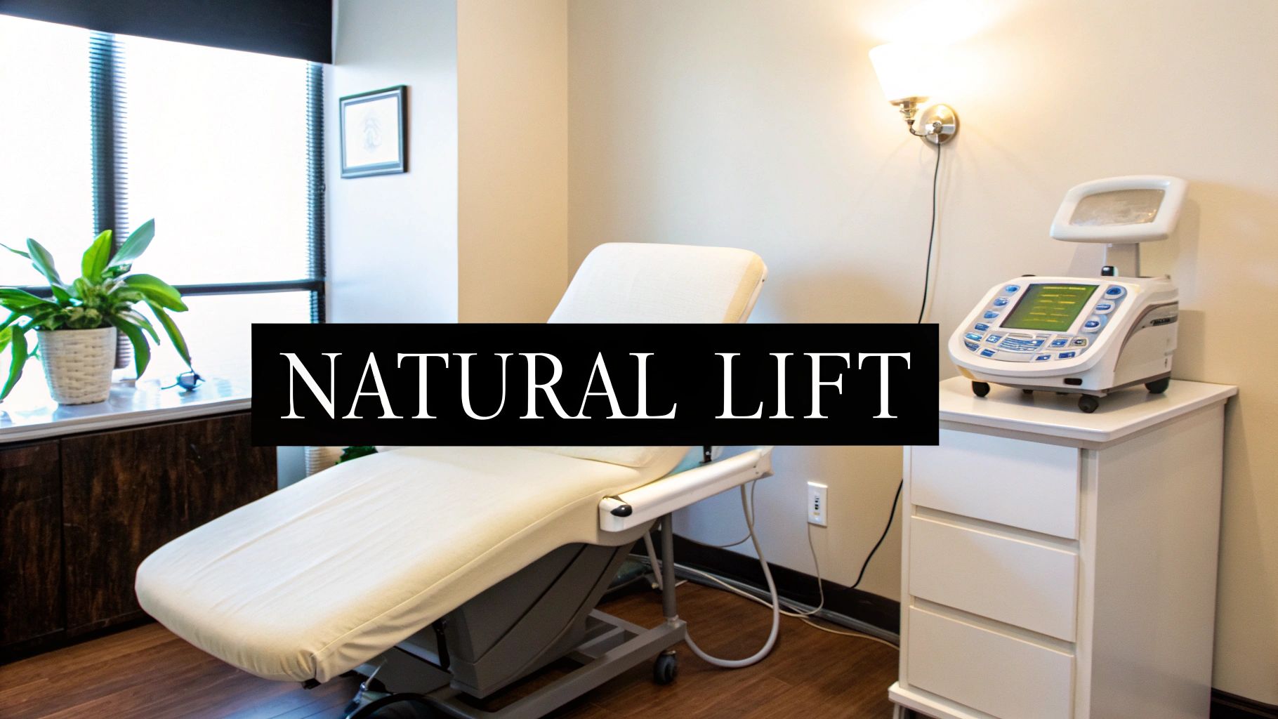 A modern treatment room with a bed and medical equipment for a natural lift procedure.