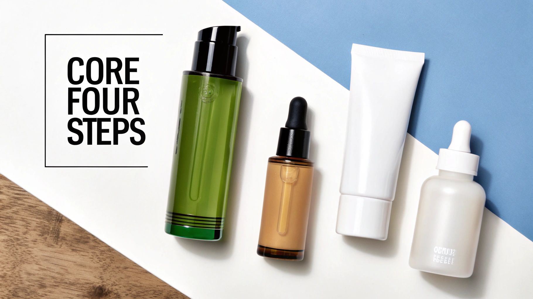 Four skincare products, including a pump bottle, dropper, and tube, for core daily routine steps.