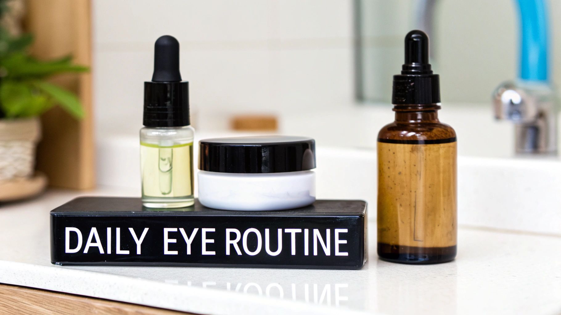 Skincare products for a daily eye routine, including dropper bottles and a cream jar, on a bathroom counter.