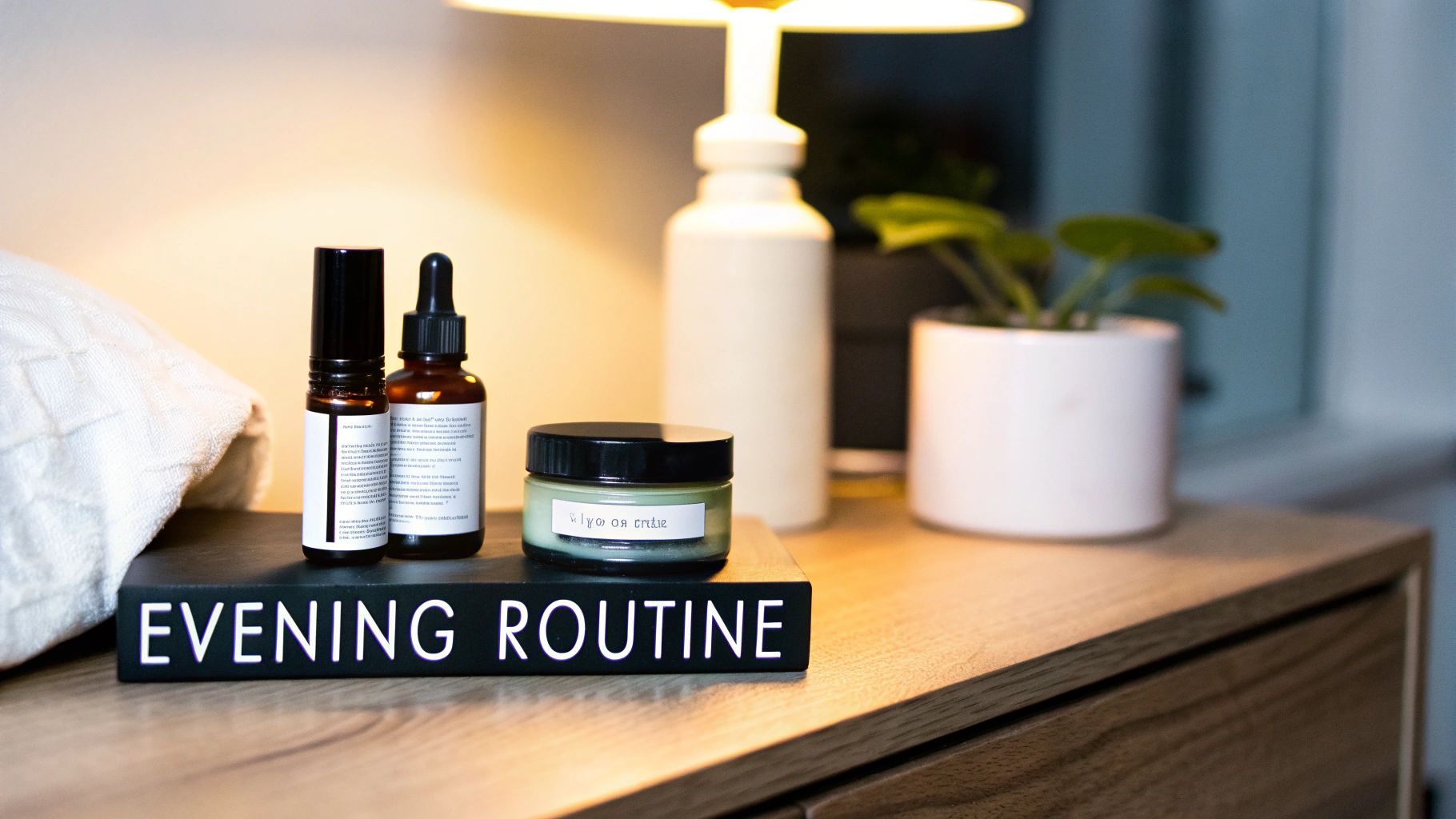 A cozy evening routine setup with skincare products, a white towel, and a lamp on a wooden nightstand.