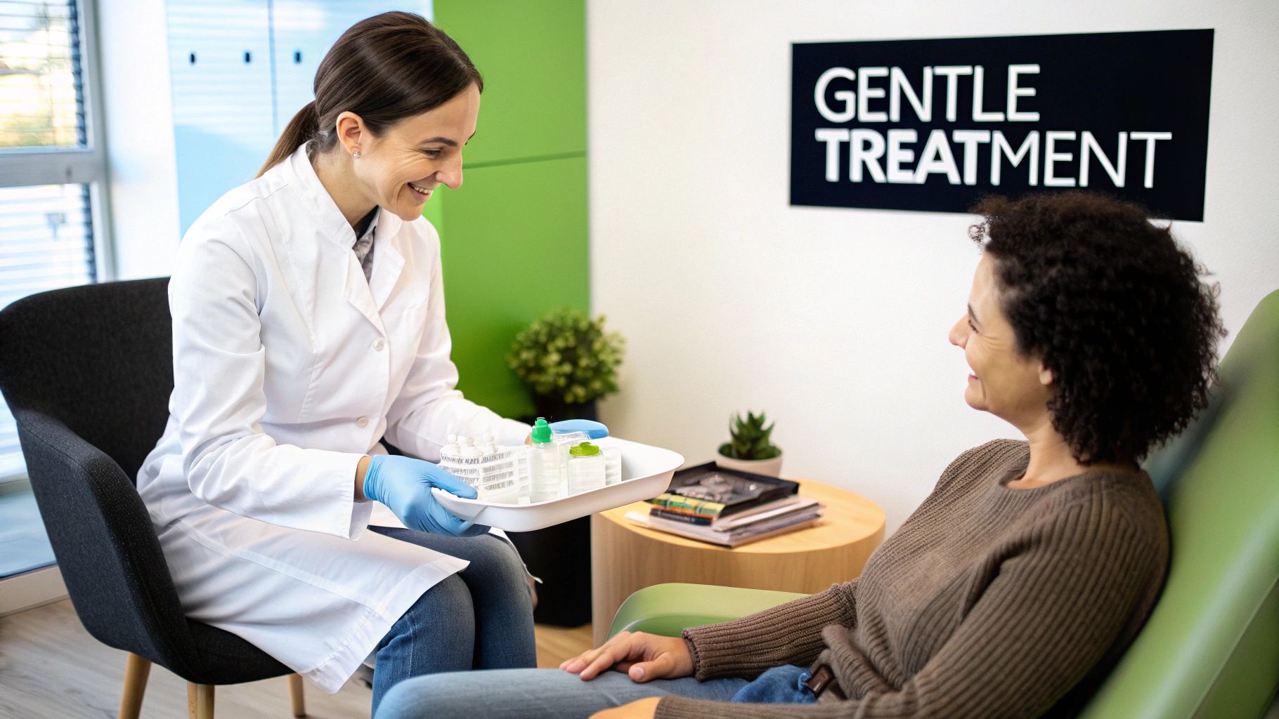 A smiling doctor in a white coat offers medical supplies on a tray to a happy patient in a clinic.