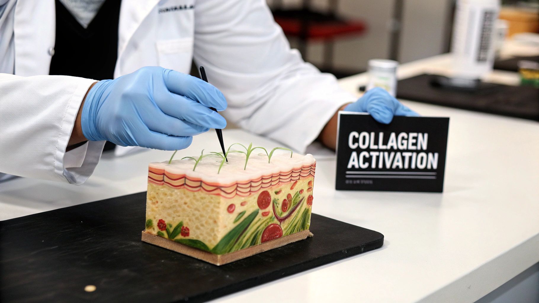 Scientist in lab coat and gloves activates collagen on a detailed skin model with tiny sprouts.