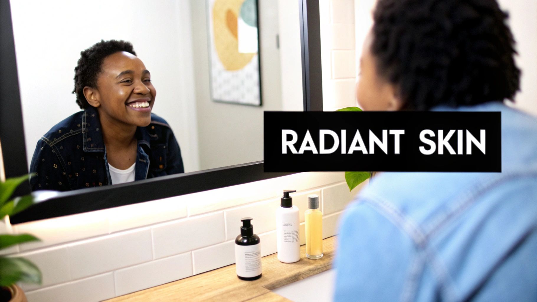 Young woman smiling at mirror with skincare products, achieving radiant glowing healthy skin