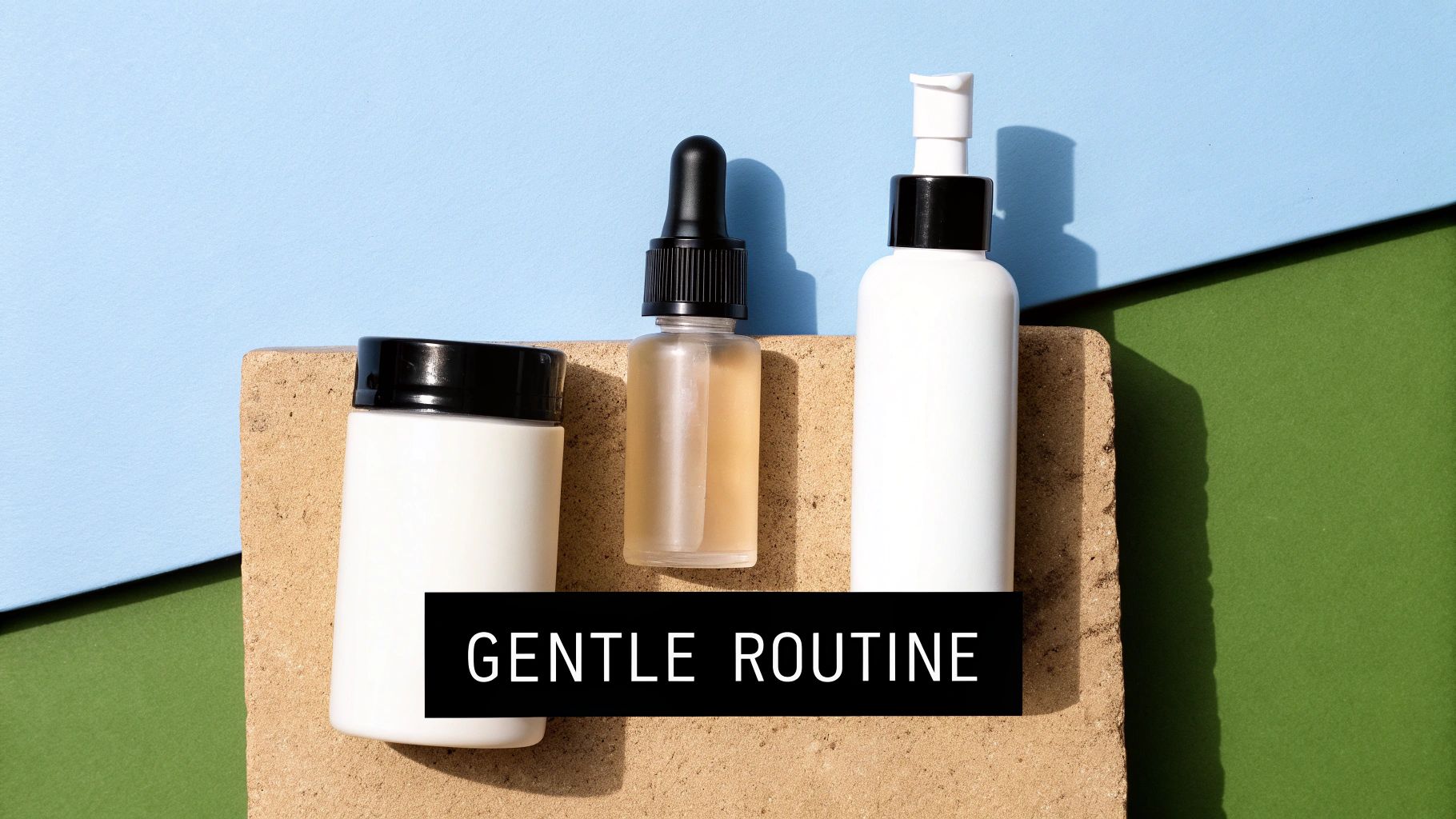 Skincare products like serum, moisturiser, and cleanser arranged neatly on a calm, neutral background.