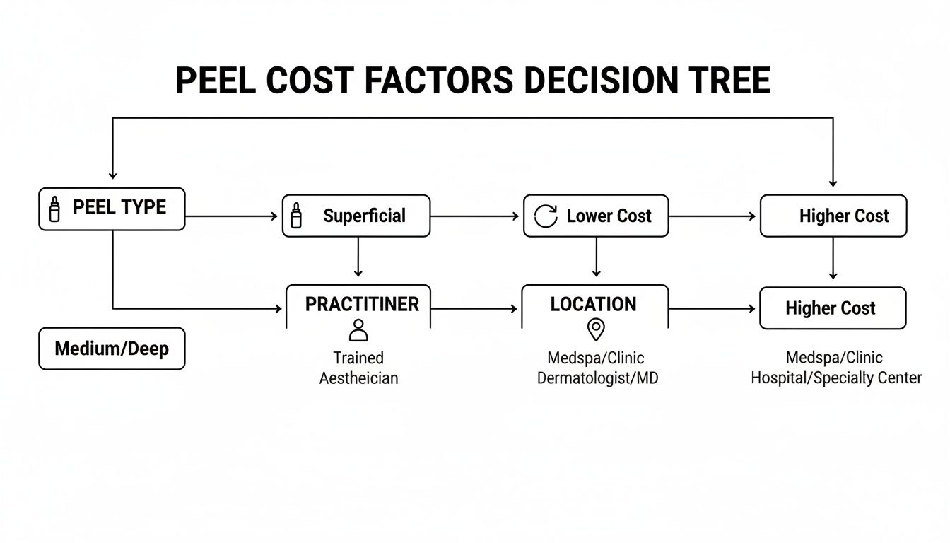 Decision tree diagram outlining factors influencing chemical peel costs, including peel type, practitioner, and location.