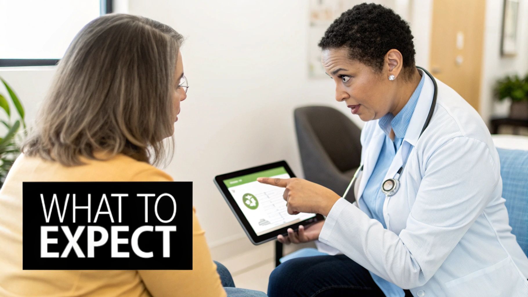 A female doctor in a white coat shows medical information on a tablet to her female patient.
