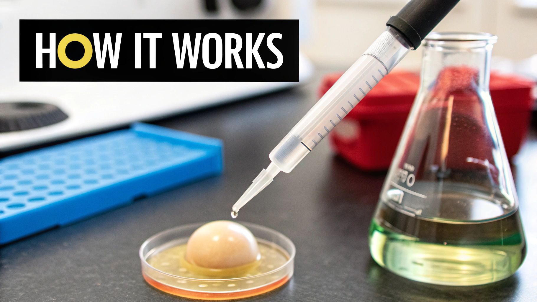 Pipette dropping liquid onto a sphere in a petri dish within a science lab, with 'HOW IT WORKS' text.