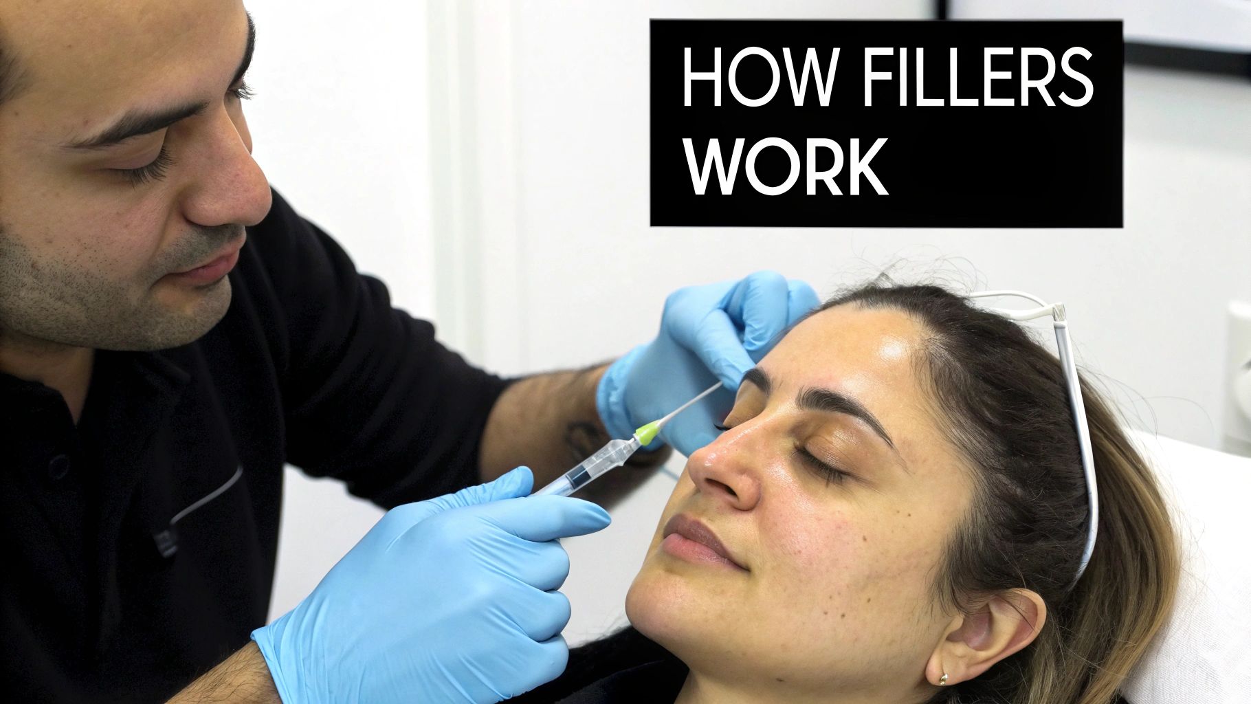 A medical professional in blue gloves injects filler into a woman's under-eye area. Text: HOW FILLERS WORK.