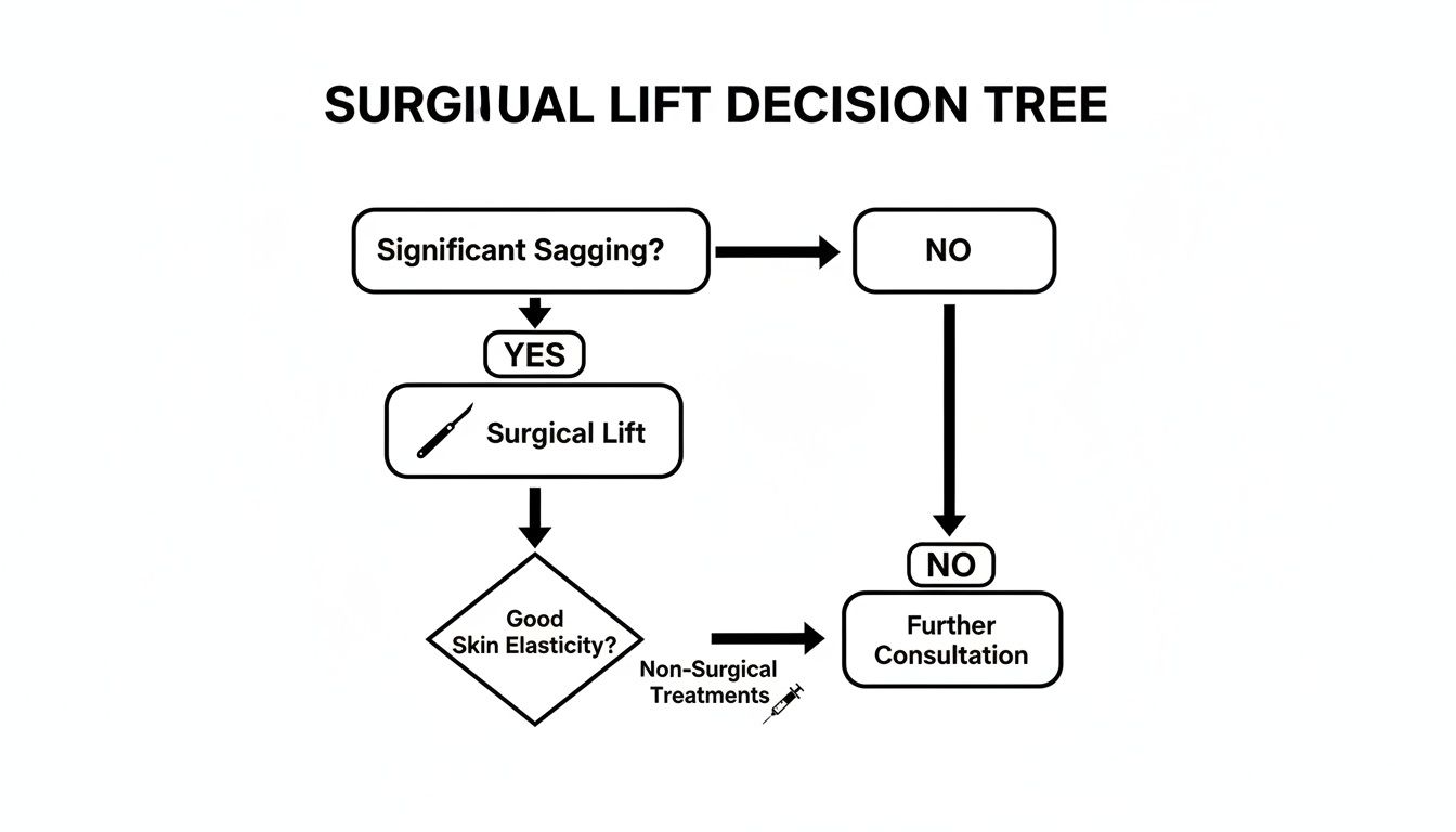 A decision tree diagram for surgical lift treatments, guiding choices based on significant sagging and skin elasticity.
