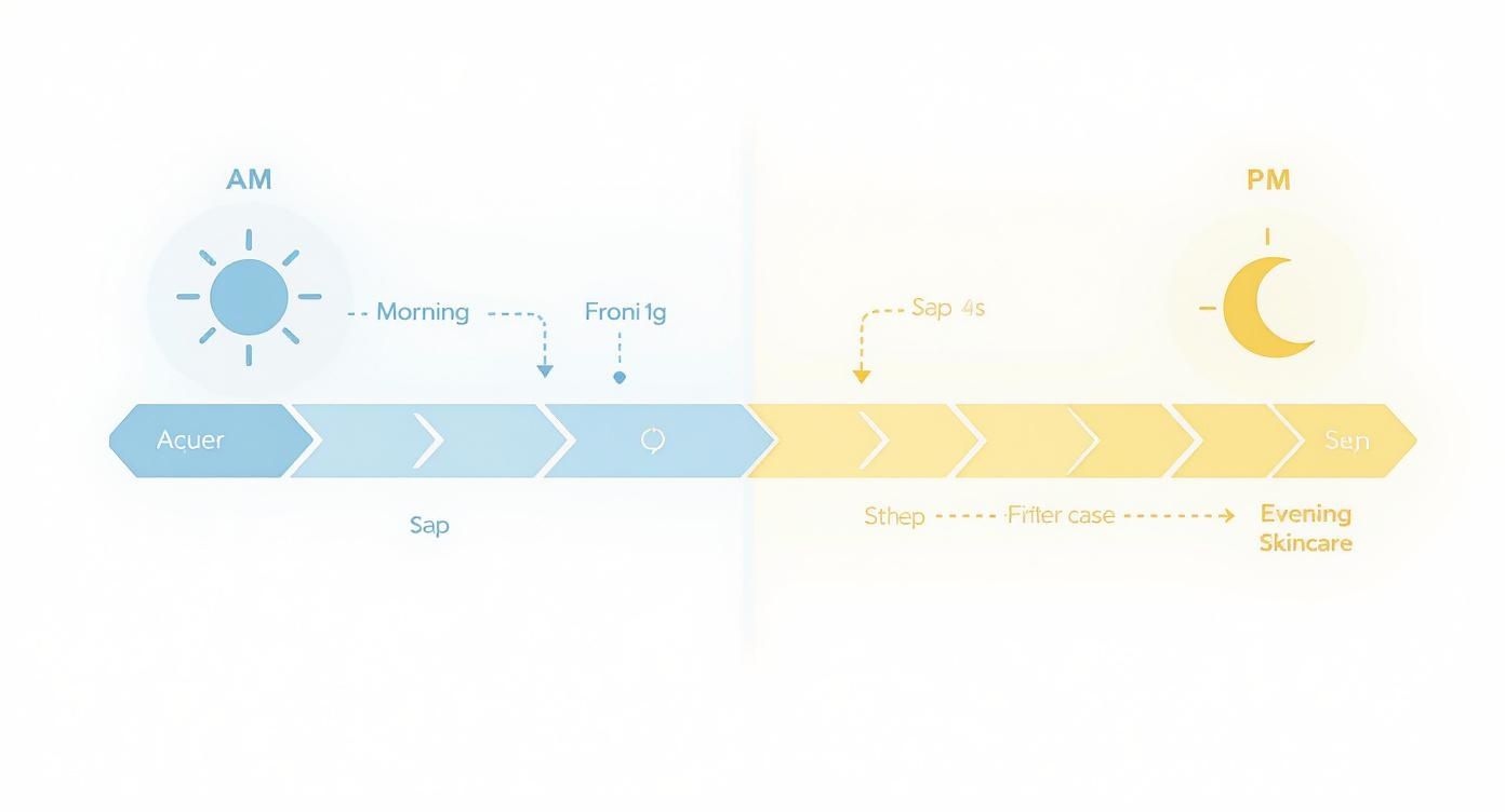 Daily skincare routine timeline showing morning and evening product application schedule from AM to PM