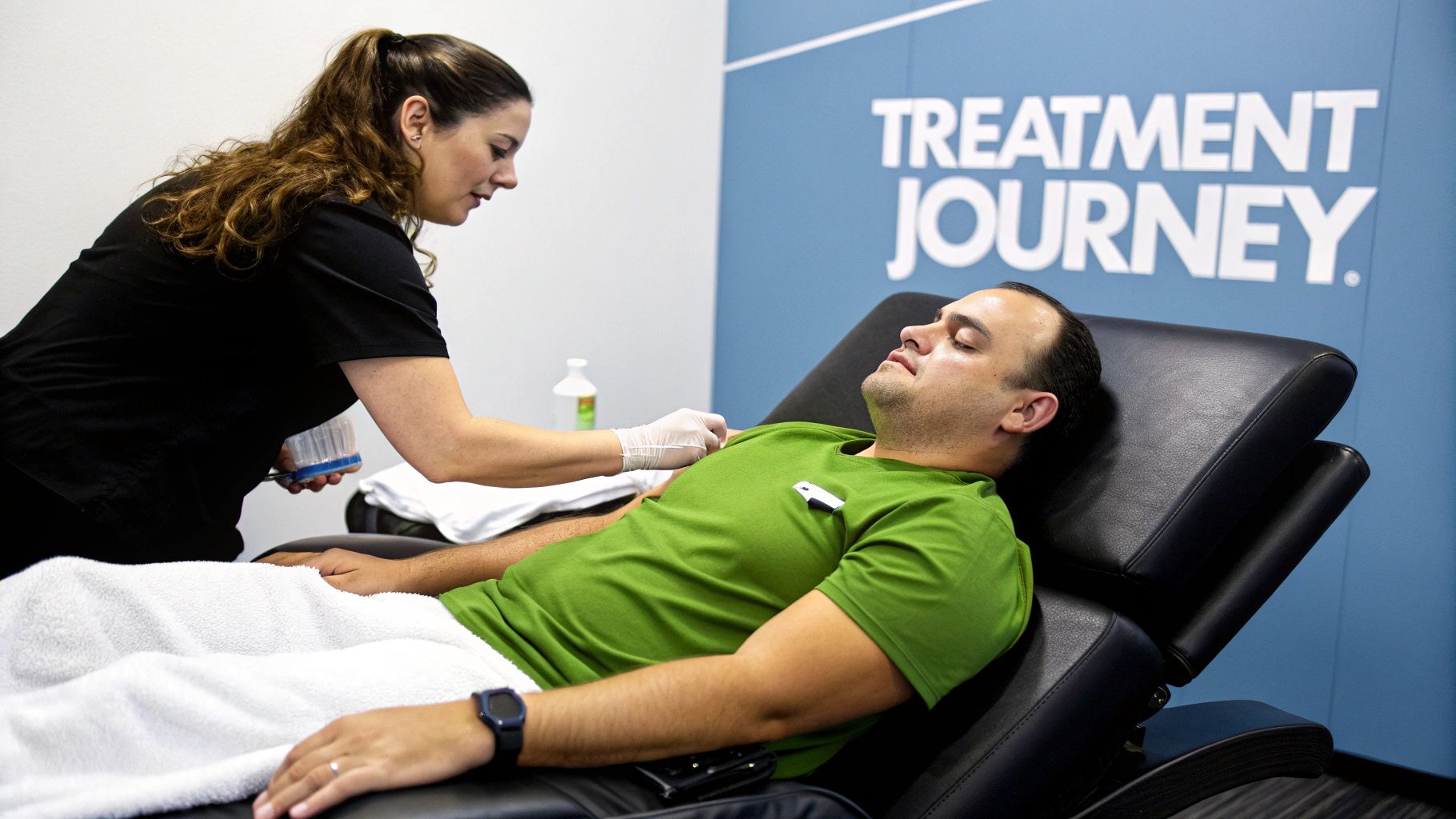 A healthcare professional administers treatment to a man relaxing in a medical recliner.