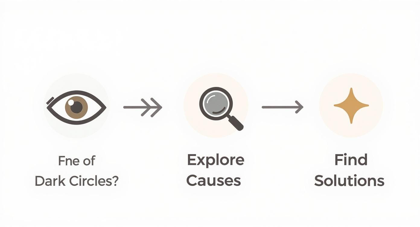 Infographic showing a process for addressing under eye dark circles, from identification to solutions.