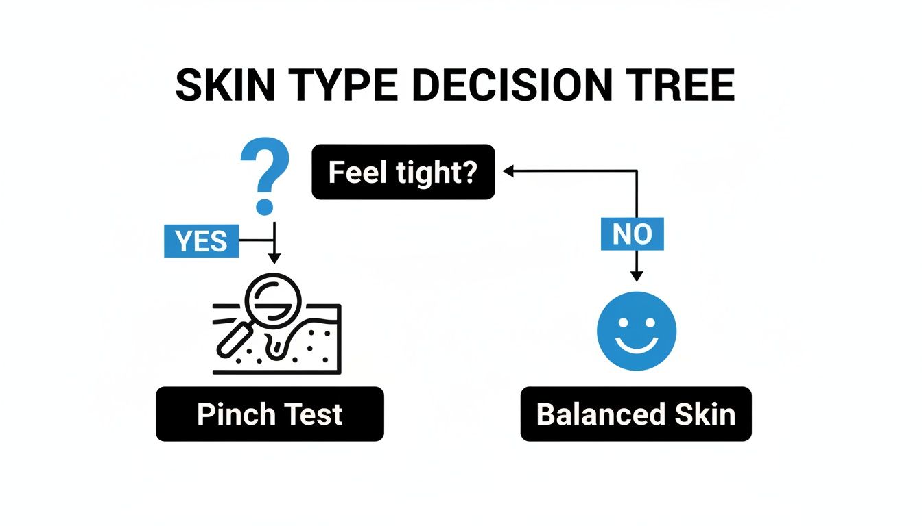 A skin type decision tree flowchart asking 'Feel tight?'. Yes leads to 'Pinch Test', No leads to 'Balanced Skin'.