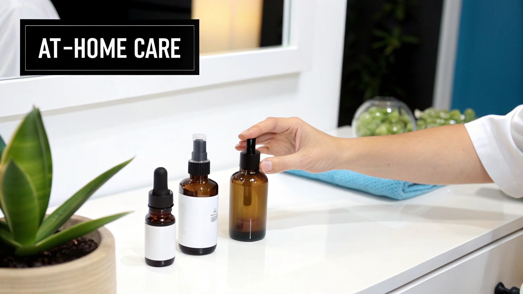 A hand reaches for a brown pump bottle on a white counter with other skincare products and a plant.