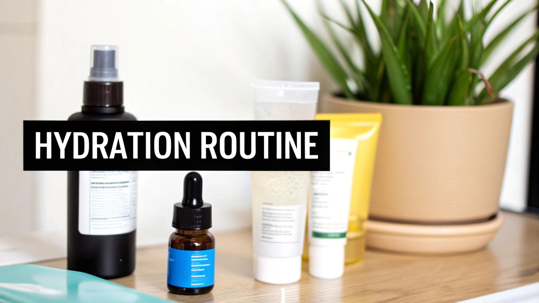 A collection of skincare products on a wooden surface with a 'HYDRATION ROUTINE' banner.