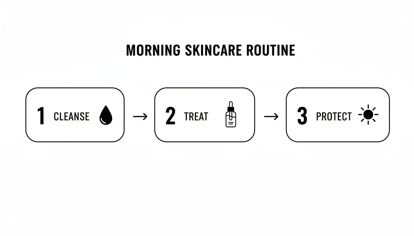 Infographic showing a three-step morning skincare routine: cleanse with a water drop, treat with a serum bottle, and protect with a sun icon.
