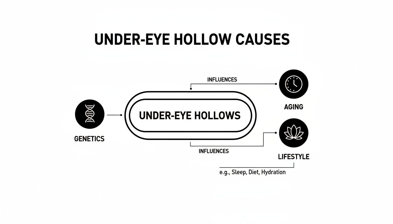 Diagram illustrating the causes of under-eye hollows, including genetics, aging, and lifestyle factors.