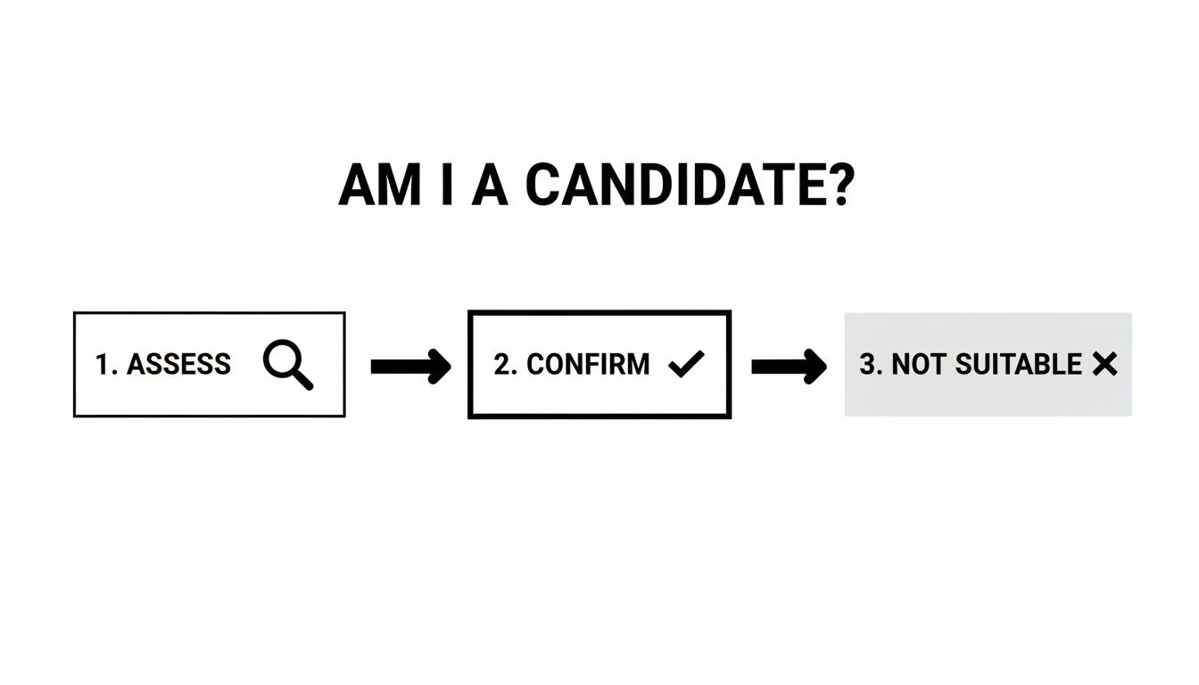 Flowchart showing three steps to determine candidacy: 1. Assess, 2. Confirm, 3. Not Suitable.
