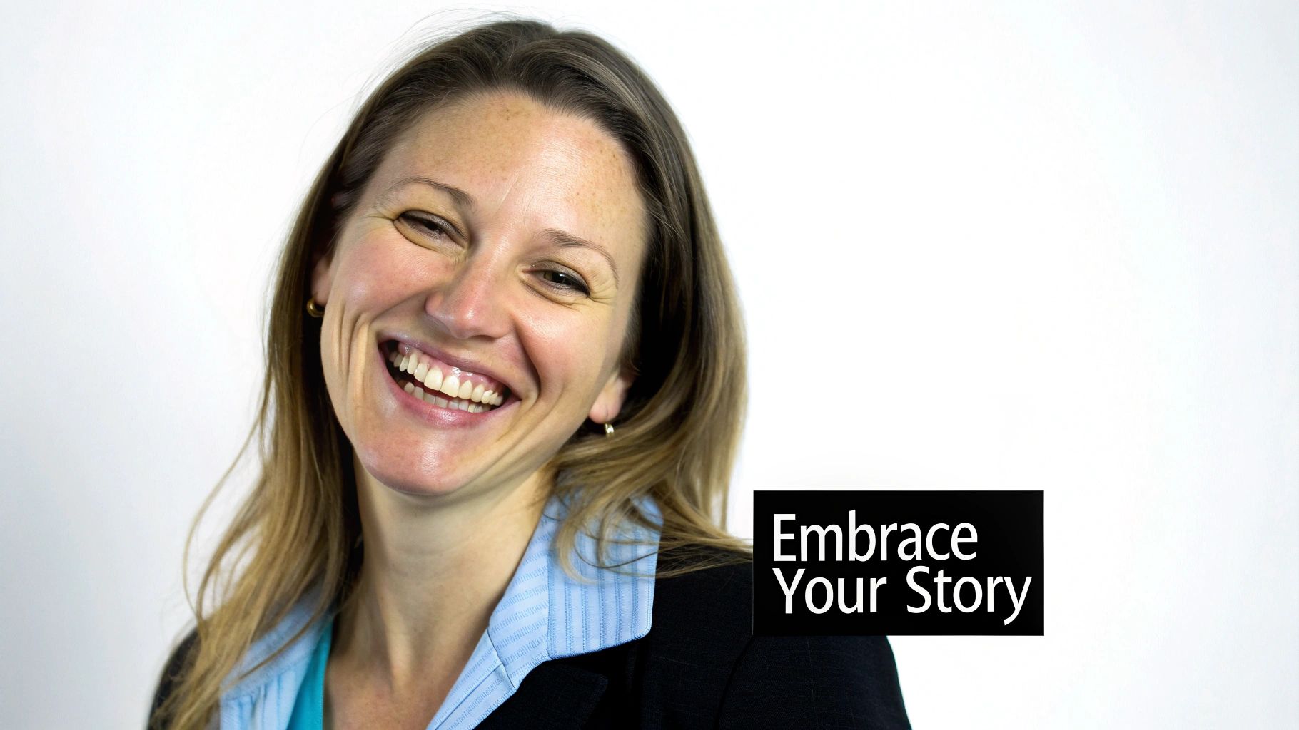A happy woman with visible laughter lines smiles, wearing a blue striped shirt and black blazer, with text 'Embrace Your Story'.
