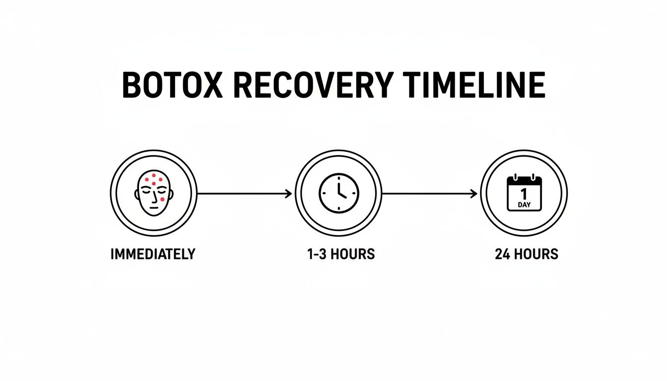 A Botox recovery timeline showing immediate redness, 1-3 hours post-treatment, and 24 hours recovery.