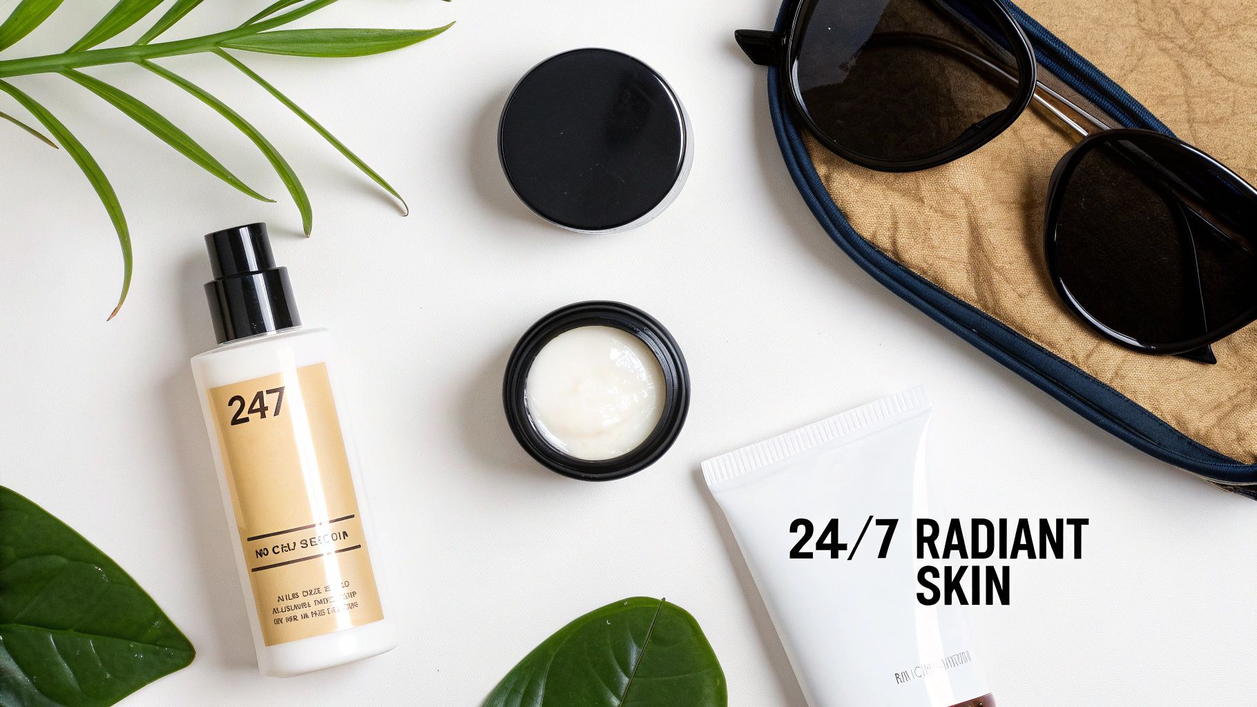 A flat lay of skincare products, sunglasses, and green leaves on a white background, with text '24/7 RADIANT SKIN'.