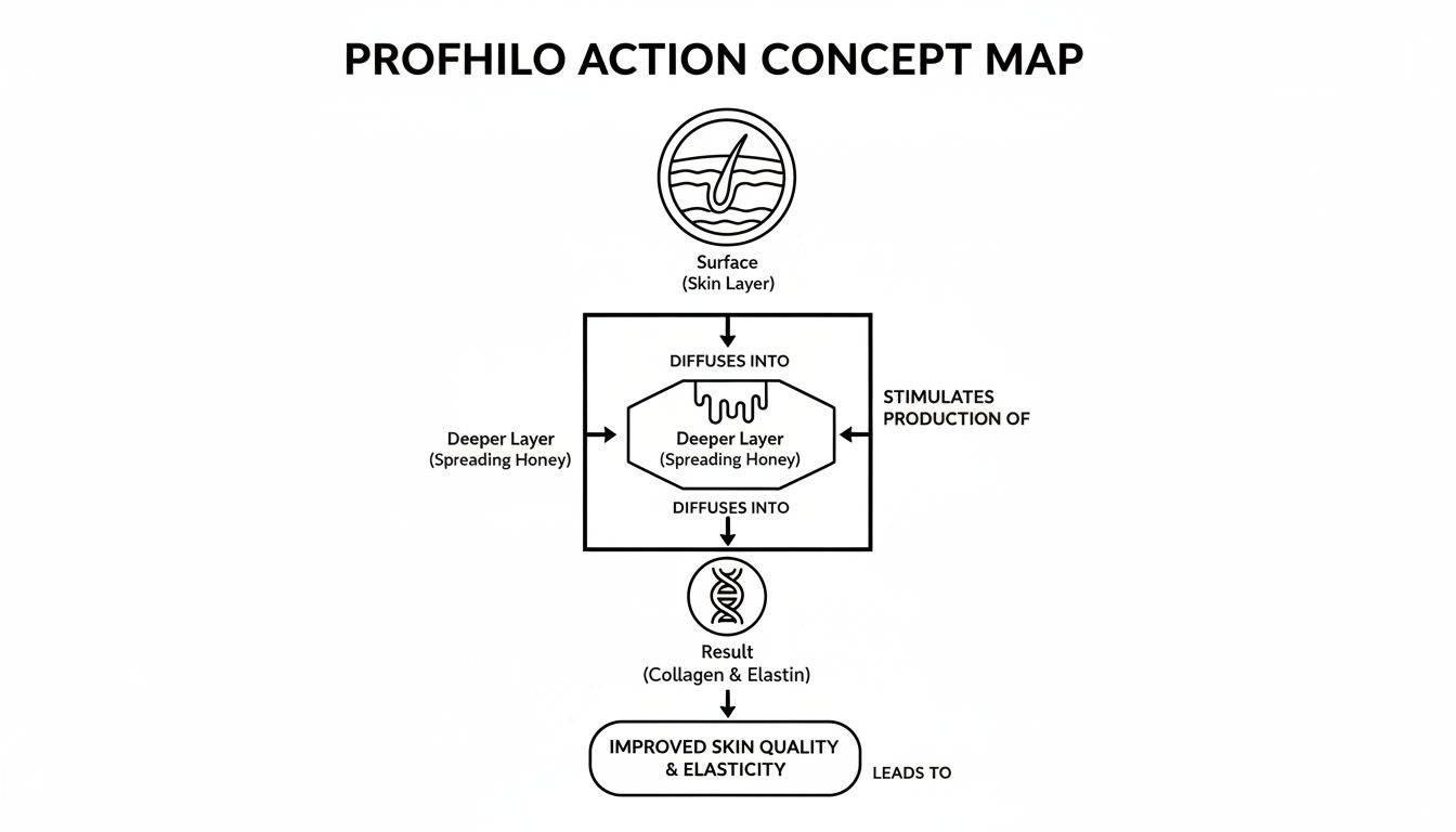 Profhilo action concept map illustrating skin layers, diffusion, and improved collagen/elastin production.