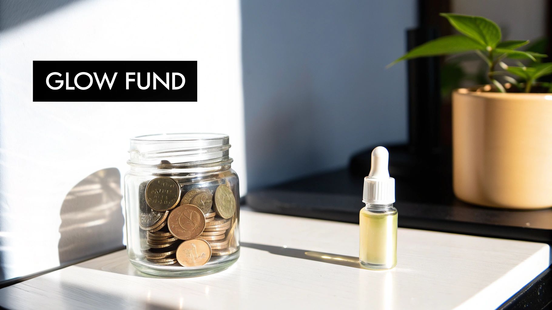 A 'Glow Fund' jar of coins next to a beauty serum bottle and a plant, symbolizing self-care investment.