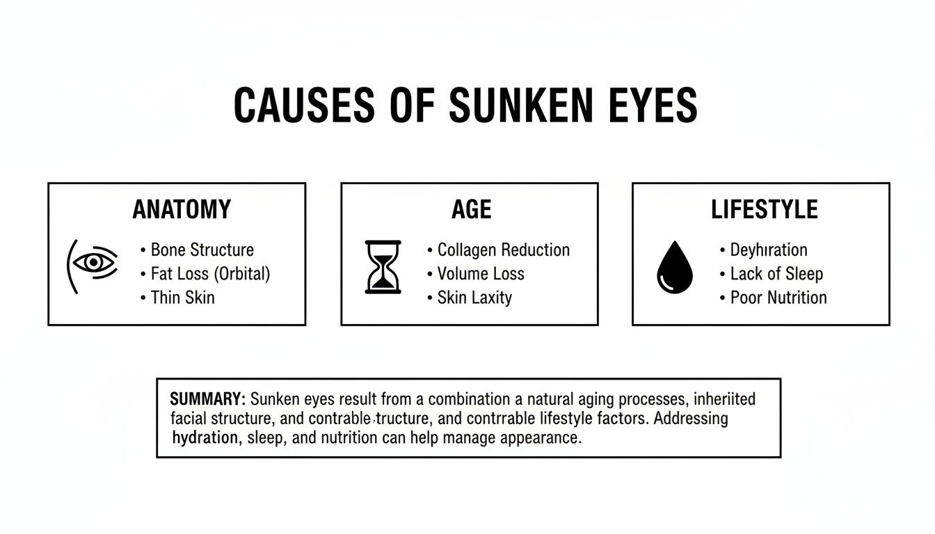 Infographic detailing the causes of sunken eyes, categorized by anatomy, age, and lifestyle factors like dehydration and lack of sleep.