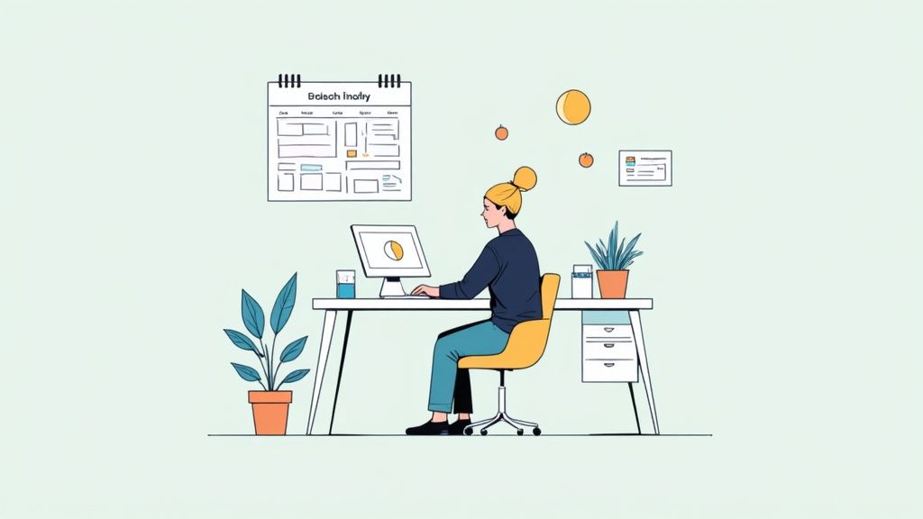 A person sitting at a desk with a plant, looking relaxed while working remotely.